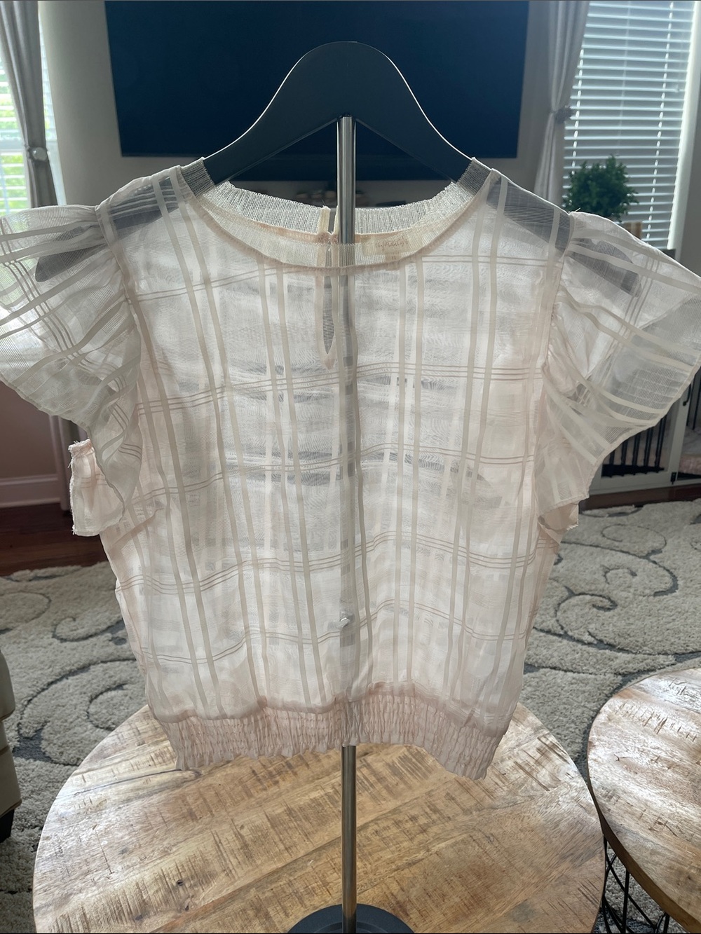 Sheer Plaid Flutter-Sleeve Blouse in Light Pink